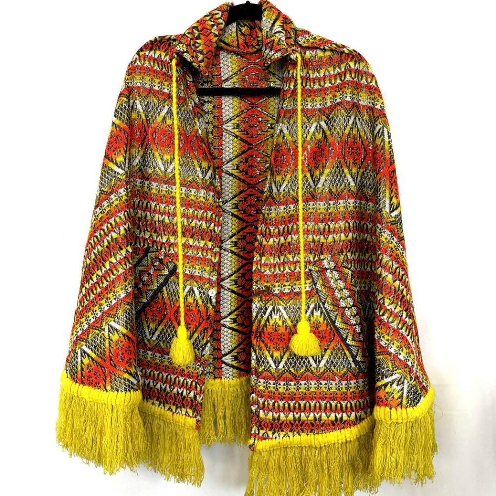 70’s Bright Orange Gold Metallic Hippie Boho Poncho Handcrafted  Vtg Collectible